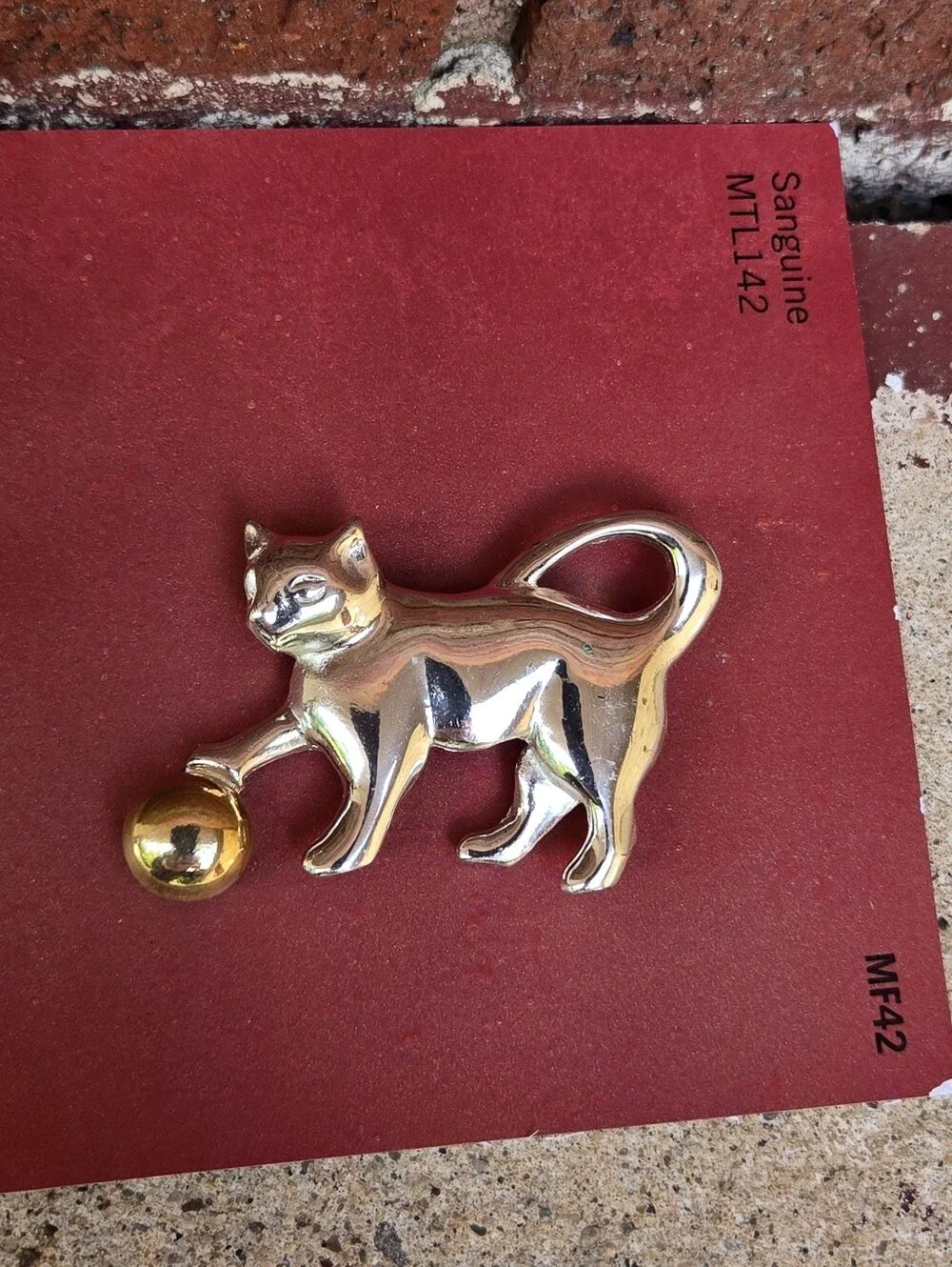 Cool Cat Brooch Silver Tone Cat With Gold Ball Brooch Cat Lady Jewelry